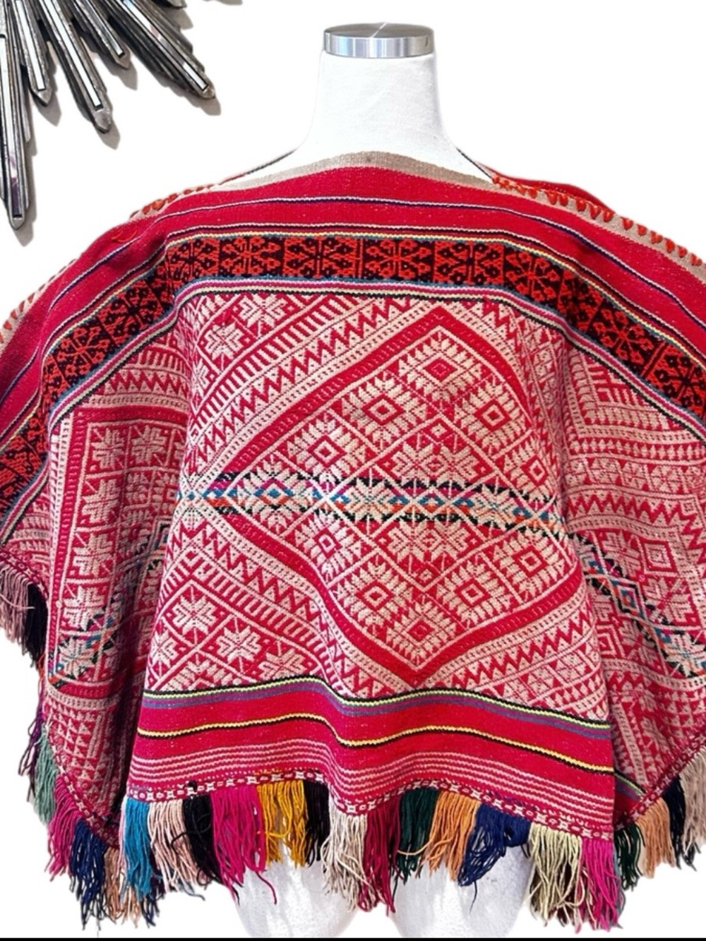 Vintage Handwoven Andean Wool Fringe Poncho South American Geometric Boho